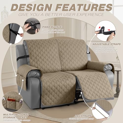 Image of TAOCOCO 100% Waterproof Recliner Covers, Recliner Sofa Covers with Leg Straps, Reversible Recliner Couch Cover for Reclining Chair, Washable Couch Protector for Pets Kids(2 Seater, Khaki)