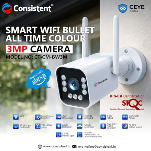 Image of Consistent 3MP Wi-Fi Bullet Outdoor Camera | STQC Certified Security Camera | Full Color Night Vision | Human Detection | 2-Way Audio | 10X Zoom | IP66 Waterproof | Memory Card & Cloud.