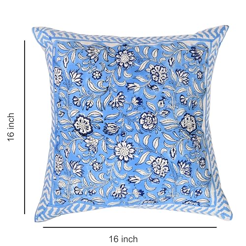 Image of Cotton Cushion Covers 16x16 Inch - Hand Block Floral Print Pillow Covers for Sofa, Couch & Bedroom (Pack of 5) (Blue)