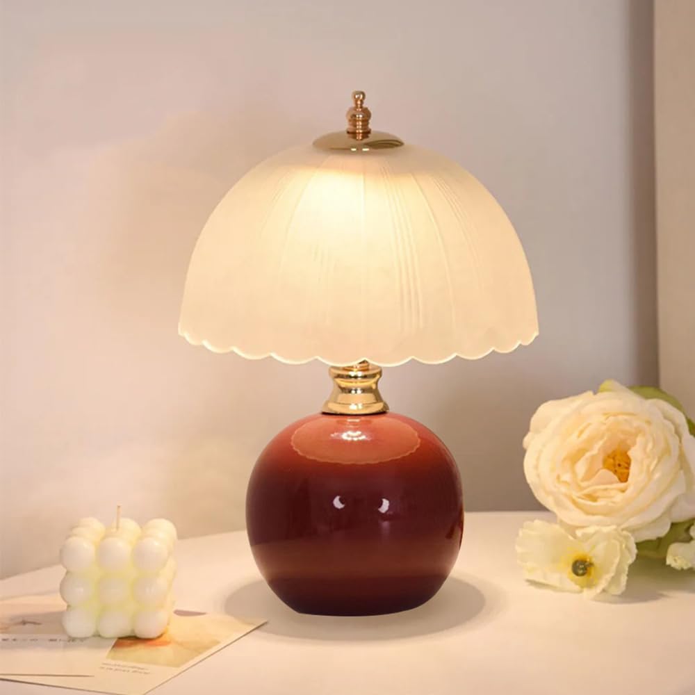 Mengjay Lampe de Table Vintage en Céramique,E27 Lampe de Chevet avec Abat-Jour en Verre,Lampe de Bureau Intérieur avec Prise et Interrupteur pour Chambre Salon Bureau Bar (Rouge)