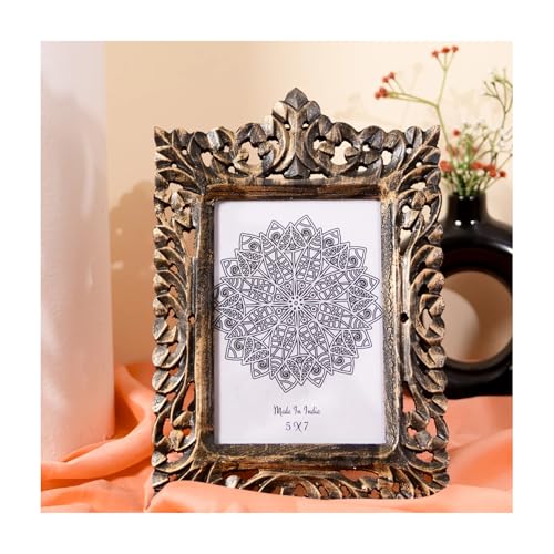 Image of Wooden Photo Frame for Wall Hanging and Tabletops Display | 5 x 7 Hand Carving Picture Frame | Wood Carving Antique Photo Frame for Wall Decorationg Gifting Home Decor (Antique Golden)