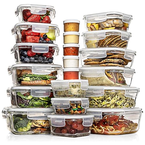 Image of Razab 35 Pc Set Glass Food Storage Containers with Lids - Meal Prep Airtight Bento Boxes BPA-Free 100% Leak Proof (15 lids,15 glass & 5 Plastic Sauce /Dip Containers)
