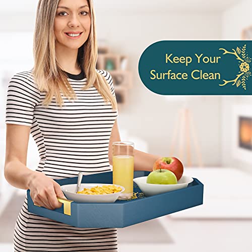 Mixoo Wood Serving Tray - Large Decorative Coffee Table Ottoman Tray with Elegant Customized Pattern and Golden Metal Handles for Home, Kitchen and Bathroom Decor - Thumbnail 4