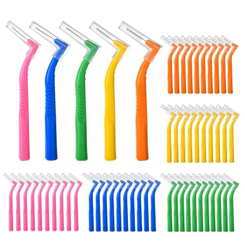 50 Cepillos Interdentales 5 Tamaños Tipo L, Cepillo Interdental Mango Angulado, Palillos interdentales Máxima Eficacia, Previene y Elimina la Placa Bacteriana, Cerdas Suaves