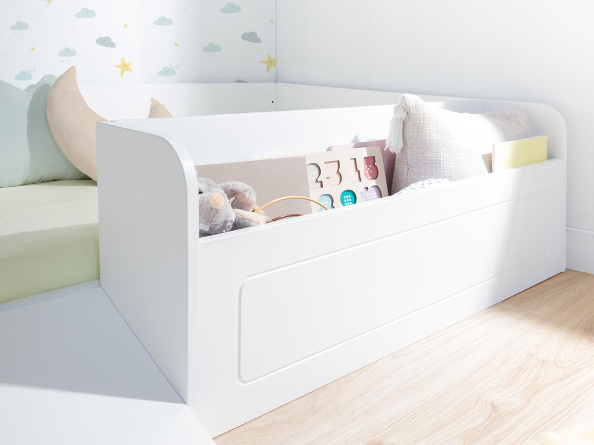 Bainba - Cama Montessori Blanca con Almacenaje y Rampa - 70x140cm