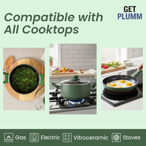 Image of Get Plumm Non-Stick Ceramic Cookware Set | Cooking Pot, Kadhai, Fry Pan & Sauce Pan | 20-20-20-16cm | Induction & Gas Compatible | Emerald Green