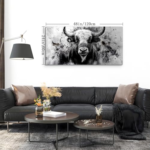 SERIMINO Modern Animal Wall Art Prints, Highland Cow Black and White Canvas Paintings, Western Rustic Wall Pictures for Living Room Bathroom Farmhouse, Bull Bedroom Decor for Men 24X48 Inch