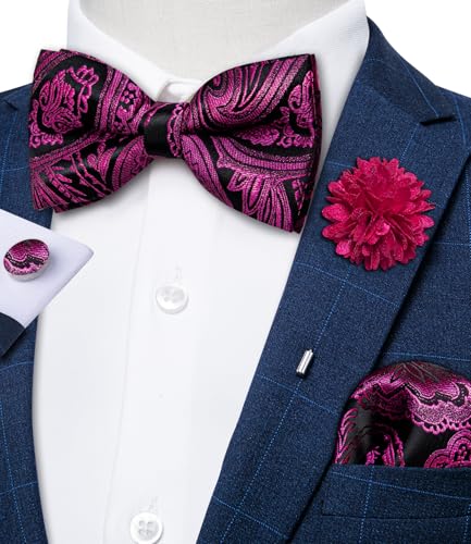Image of DiBanGu Pre-Tied Bow Ties for Men Silk Adjustable Tuxedo Bowties Pocket Square Cufflinks Set with Lapel Pin Jacquard Woven