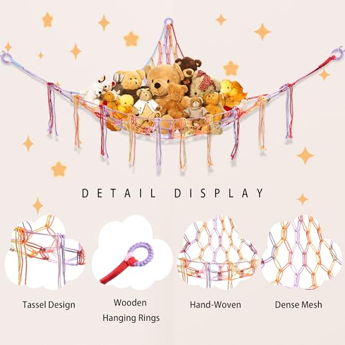 Image of CERETIA Stuffed Animal Hammock with LED Light, Large Stuffed Animals Storage Corner Plushie Net for Kids Room Decor, Rainbow