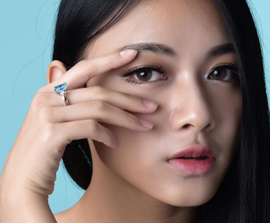 925 Sterling Silver Plated Blue Topaz Moissanite Promise Ring for Women Birthstone Emerald Cut CZ Diamond Cocktail Ring Eternity Engagement Wedding Band for Women's Size 7# - Image 4