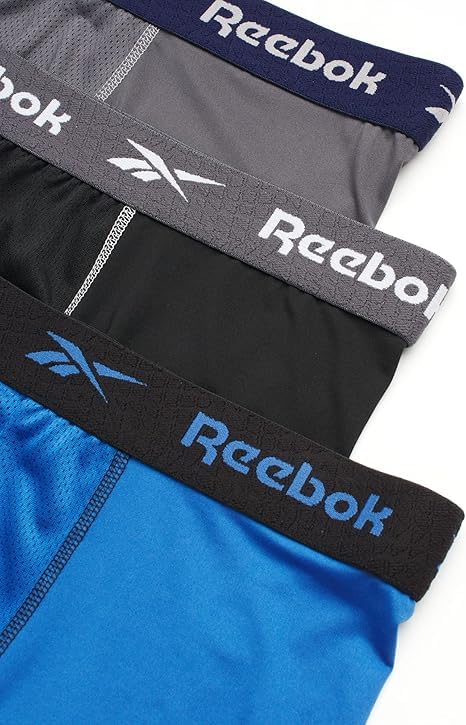 Reebok Mens Boxer Briefs - 3 Pack Stretch Moisture Wicking Mens Underwear with Contour Pouch Boxers for Men (Sizes: S-XL), Size X-Large, Grey/Black/Blue3