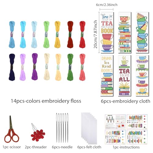 Image of FREEBLOSS 6 Set Cross Stitch Bookmark Kits Book Teacup Pattern Stamped Cross Stitch Kit 11CT Embroidery Kit with Instructions for Beginners 20x6cm /8x2.4inch