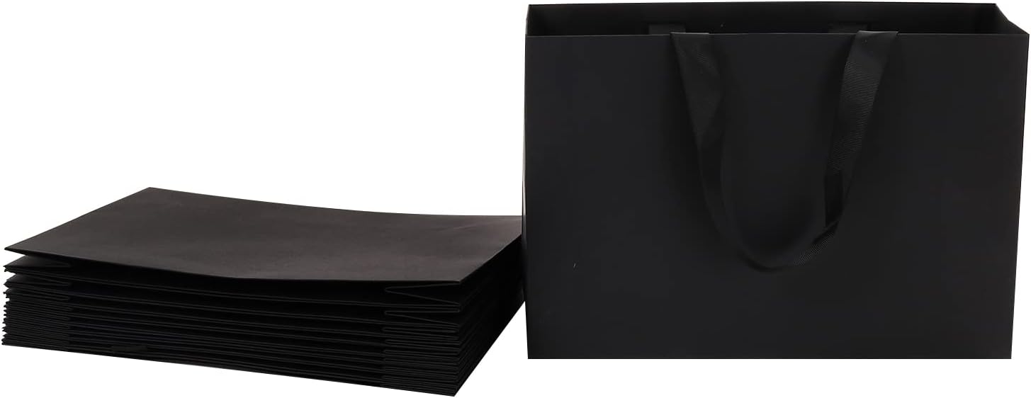 REDDOTGIFT® 10-Pack Black Gift Bags Shopping Bag Party Favor Bags with Grossgrain Ribbon Handle for Birthday Mother’s Day, Baby Shower Bridal Shower Wedding Gift (Medium H22*32 * 10cm, Black)