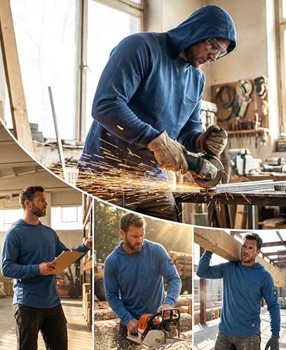 Image of BOCOMAL FR Hooded T Shirts Utility Pocket Fire Resistant Summer Hoodie CAT2 | 6oz Midweight Flame Retardant Cotton Hoodies,Kangaroo /Button Pocket,NFPA2112,Rib-Knit Cuffs,FRC Welding Arc Rated Work Shirt