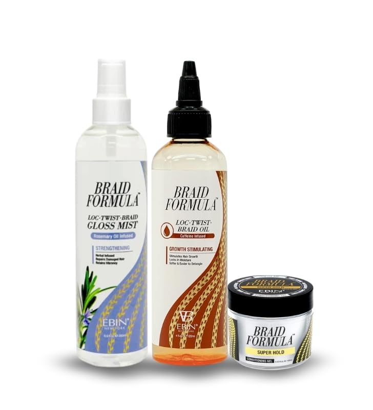 EBIN NEW YORK BRAID FORMULA LOC. TWIST. BRAID OIL 4oz & GLOSS MIST – STRENGTHENING 8oz – Bundle with CONDITIONING GEL – SUPER HOLD 3.53 ounce Moisturizing Scalp Care – Gift Set (3 Items)