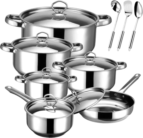 Hunnycook Stainless Steel Pot and Pan Set - 15Pcs Induction Hob Pots and Pans Sets Includes 5 Pots and Saucepan with Lid Frying Pan & 3 Kitchen Tools Nonstick & Fixed Handles PFOA Free