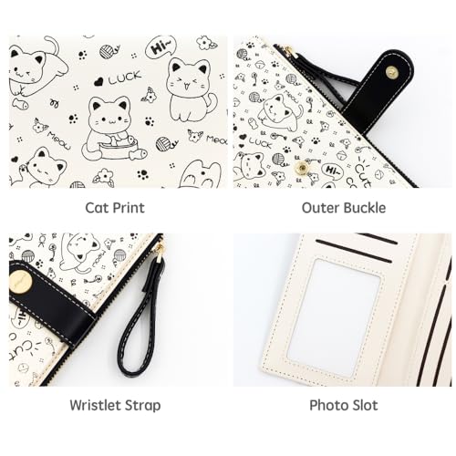JHTPSLR Cute Cat Wallet for Women Teen Girls Large Credit Card Holder with Wristlet Strap Zipper Coin Pocket PU Leather Wallets Cutecore Accessories Cutecore Stuff (Pink)3