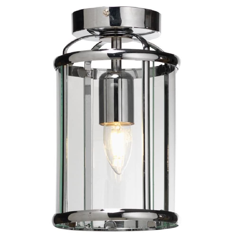 Britalia Polished Chrome & Clear Glass Panel Vintage Round Lantern Flush Ceiling Light | 16cm Diameter | 1 x ES E27 Lamp Required | UK Approved | Retro Semi Flush