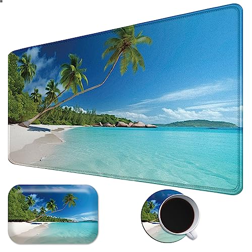 Large Gaming Mouse Desk Pad (35.4 X 15.7 Inch) + Wrist Rest Support Cushion+Coaster,Memory Foam Ergonomic Easy Typing Pain Relief,3-in-1 Desk Mat Set for Home Office Study Game,Palm Tree in Beach