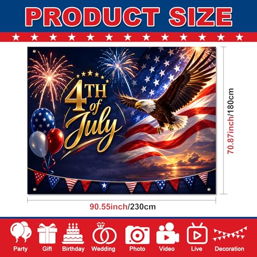 Image of BlissYard Fourth of July Decorations Backdrop Independence Day Patriotic Holiday Party Banner 8x6ft USA Celebration Decor Liberty Eagle Fireworks Patriotic Event Decoration Veterans Day Memorial Day
