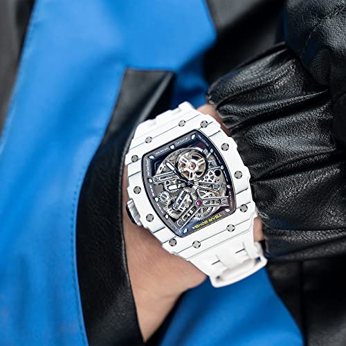 Image of TSAR BOMBA Men's Automatic Watch Tonneau Luxury Skeleton Watches for Men Mechanical 50M Waterproof Analogue Watches Mens Unique Cool Square Big Face Dial Wristwatch with Silicone Strap Band