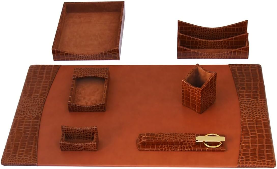 Cognac Brown Italian Patent Leather 7-Piece Desk Set