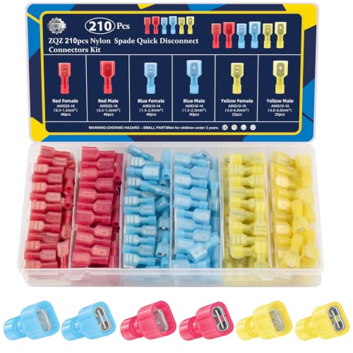 ZQZ 210Pcs Spade Crimp Terminal, Nylon Male & Female Insulated Connectors