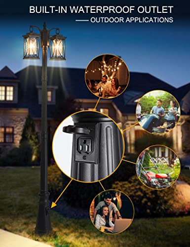 Delicavy Dusk To Dawn Outdoor Lamp Post Light Modern 2-Head Street Pole Light Fixtures With Outlet, Waterproof Black Outside Street Light Electric Lantern For Backyard, Garden Patio Driveway #TOP2