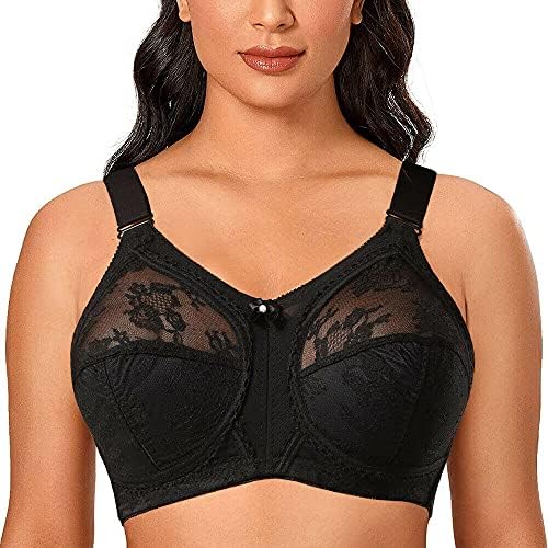TELIMUSSTO Women's Floral Lace Bra Plus Size Firm Hold Non Wired Non Padded Full Coverage Minimizer 38G Black