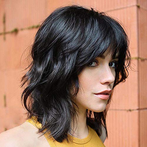 Piaou Synthetic Wavy Bob Wig with Bangs Short Bob Curly Wig for Women Shoulder Length Cosplay Wig Heat Resistant Fiber for Daily Costume Wig Black Color