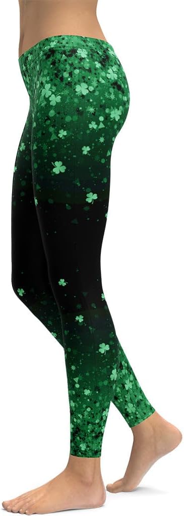 FIERCEPULSE St. Patrick's Day Glitter Print Leggings for Women - Stretchy Pants Printed Leggings for Workout & Exercise