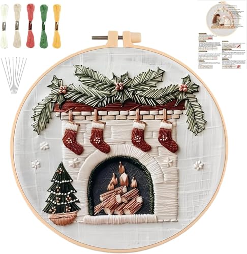 Image of Christmas Embroidery Kits,Fireplaces Embroidery Kits for Adults,Christmas Embroidery Kit for Beginners with Pattern,Cotton Threads,Needles,Instruction,20cm Hoop,for Decor Home Room (Fireplaces)