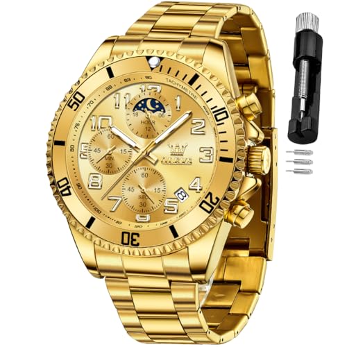 OLEVS Gold Watch for Men Chronograph Fashion Dress Moon Phase Large Stainless Steel Waterproof Luminous Business Reloj para Hombre