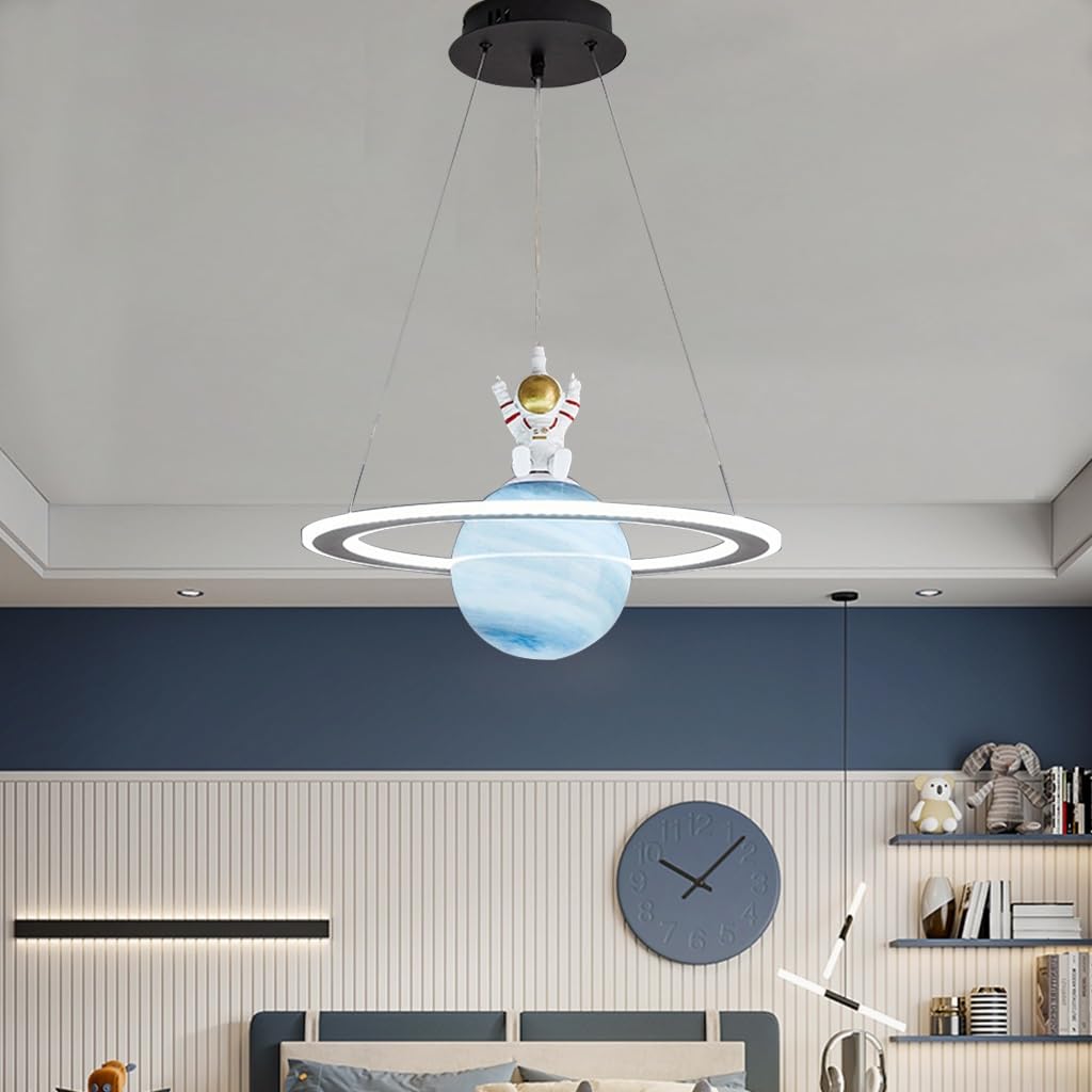 DOCJX LED Pendant Light For Children's Blue Planet Dimmable Modern Glass Planets Pendant Light With Halo Girls Boys Bedroom Hanging Lamp Height Adjustable Modern Chandelier (3 Colour) (Color : Infini