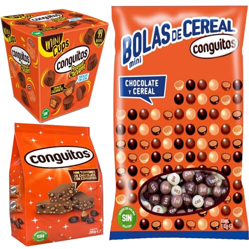 Conguitos pack 1,4KG desayuno y merienda : mini bolas cereal mix (1kg) + mini cups leche (200g) & mini turrones de chocolate (200g)