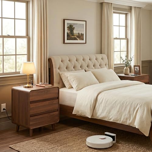 Image of Nasonet 3 Drawer Nightstands Set of 2, Large Night Stand with Charger Station, Wooden Mid Century Modern End Table Bedroom Bed Side Table, Curved Beveled Design, Walnut