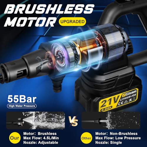 Gisam Pressure Washer Max Accu-hogedrukreiniger, mobiel met 2 x 4,0 Ah batterijen, 6-in-1 multifunctioneel mondstuk, 180° draaibaar mondstuk, schuimsproeier, 5 m slang, reiniging en irrigatie - Afbeelding 3