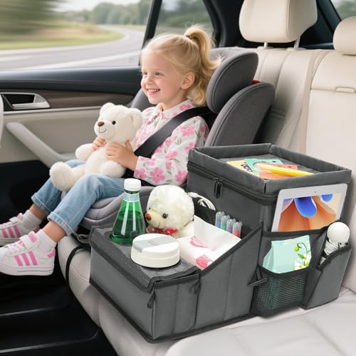 Image of Backseat Organizer for Kids & Adults - Car Seat Cooler Warmer with 2-in-1 Writing Tray, Cup Holders & 11 Storage Compartments | Road Trip Car Organizer for Front & Back Seat (Grey)