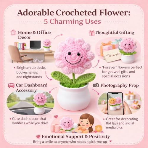 Image of 13CM Height Handmade Crochet Smiling Flower Pot for Home & Office Decor, Cute Aesthetic Desk Showpiece, Positive Vibes Table Decor, Thoughtful Gift for Friends & Loved Ones (Sunny Smile Pink)