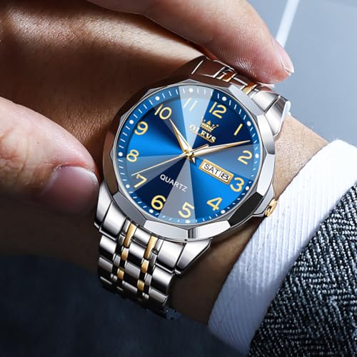 Image of OLEVS Watch for Men Luxury Dress Analog Quartz Stainless Steel Waterproof Luminous Date Business Two Tone Casual Wrist Watch