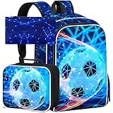 HPJGD 3 unidades de mochila infantil de futebol para meninos, conjunto de mochila resistente à água com lancheira, bolsa escolar legal para o ensino fundamental - futebol com luz branca