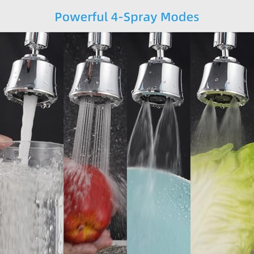 iFealClear Kitchen Sink Faucet Head, 360° Faucet Sprayer Attachment, 55/64-27UNS Large Angle Faucet Aerator Adapter with 2 Metal Swivel Joints, 4 Spray Modes, Extra 15/16\" Male Thread Adapters, Chrome - Thumbnail 2