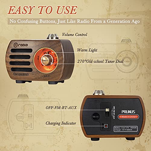 PRUNUS R-818 Holz Mini Radio Klein, Retro Radio mit Bluetooth Lautsprecher, tragbares FM UKW Radio, Wiederaufladbares… - Image 7
