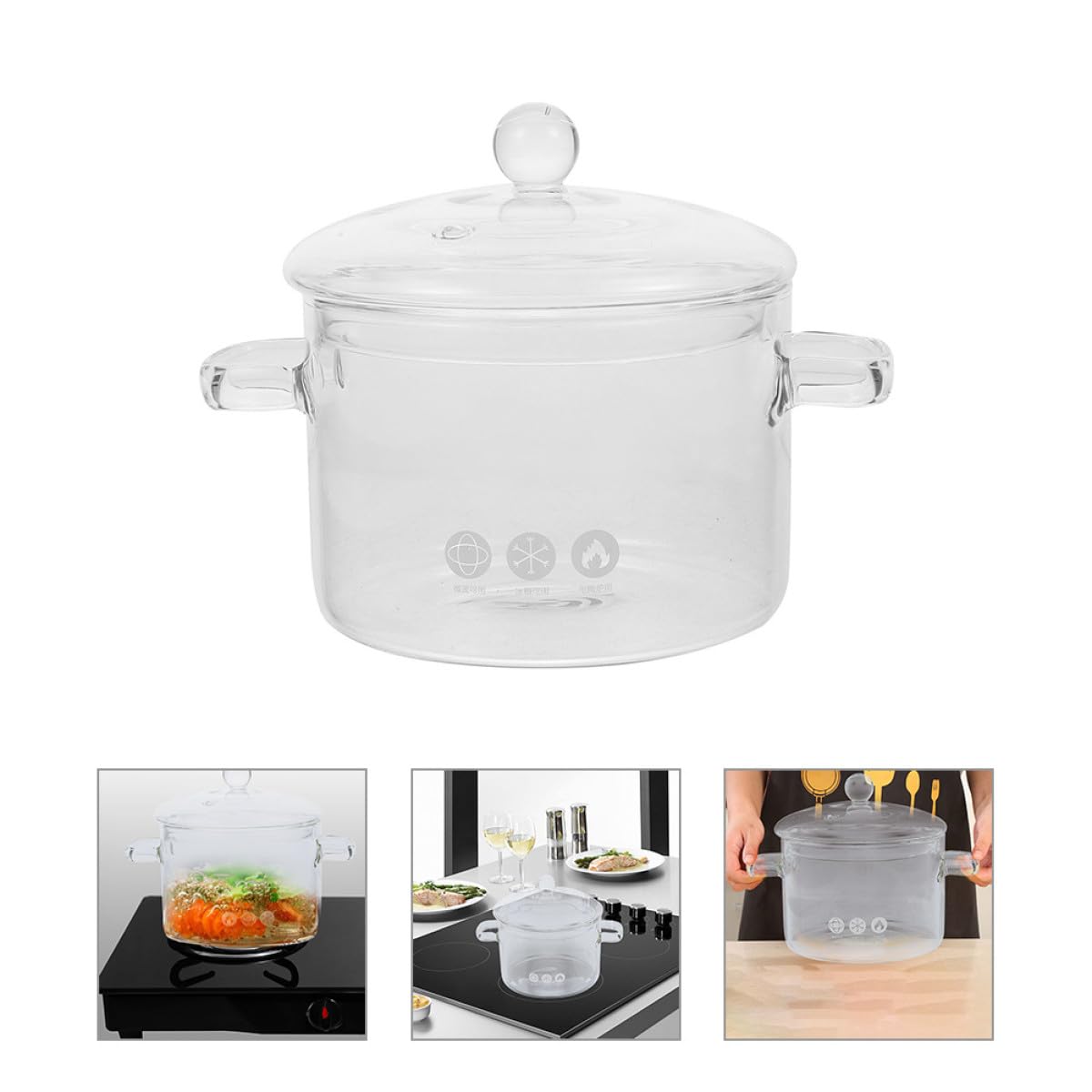 NUOBESTY Hitzebeständiger Glas Schmortopf mit Doppeltem Griff für Haushalt Induktionsgeeignet Leicht zu Reinigen zum Kochen von Nudeln und Suppe