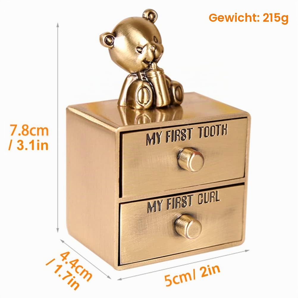 Milchzahndose Baby Erste Locke und ersten Zahn Zahndose Andenken Box Metalllegierung Süßer Bär Zahnbox mit 2 Schubladen Erinnerungsboxen Kinder