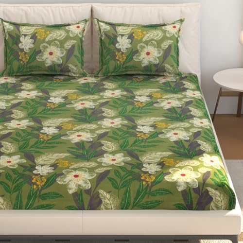 Image of SEJ by Nisha Gupta Bedsheet for Double Bed with Pillow Cover | 300 Tc Cotton Feel Microfibre Floral Printed Soft Bed Sheet & Wrinkle Free | Perfect for Home Decor | Size 230 X 240 Cm Green