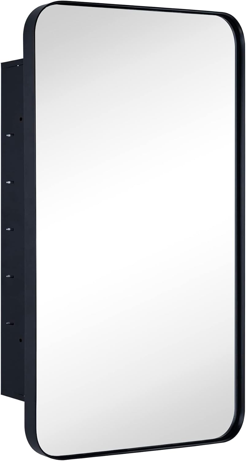 Matt Black Rectangle Recessed Bathroom Medicine Cabinet with Mirror Stainless Steel Metal Framed Rounded Rectangular Bathroom Cabinet with Mirror 16.5x27.5''
