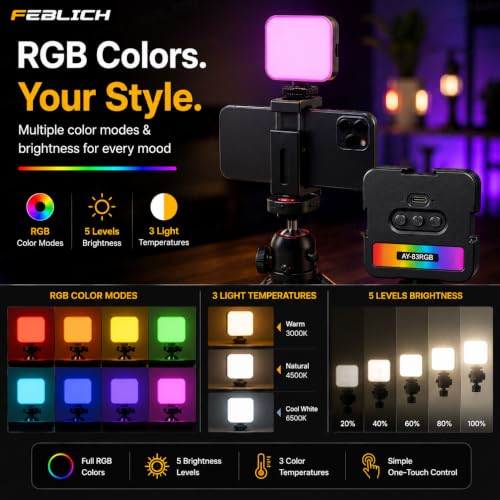 Image of Portable LED Pocket Video RGB Studio Light for Video Shooting, Meeting, Photography, Selfie, Laptop, Tablet, Phone Lighting Dimmable & Rechargeable Type C with Clip