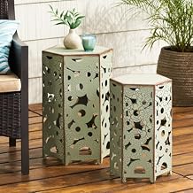 Outdoor Iron Side Table Set of 2,Portable Accent Tables with Crackle Pattern&Adjustable Levelers,Patio Stool/End Table/Nightstand for Garden,Living Room,Front Porch,Poolside Antique Green
