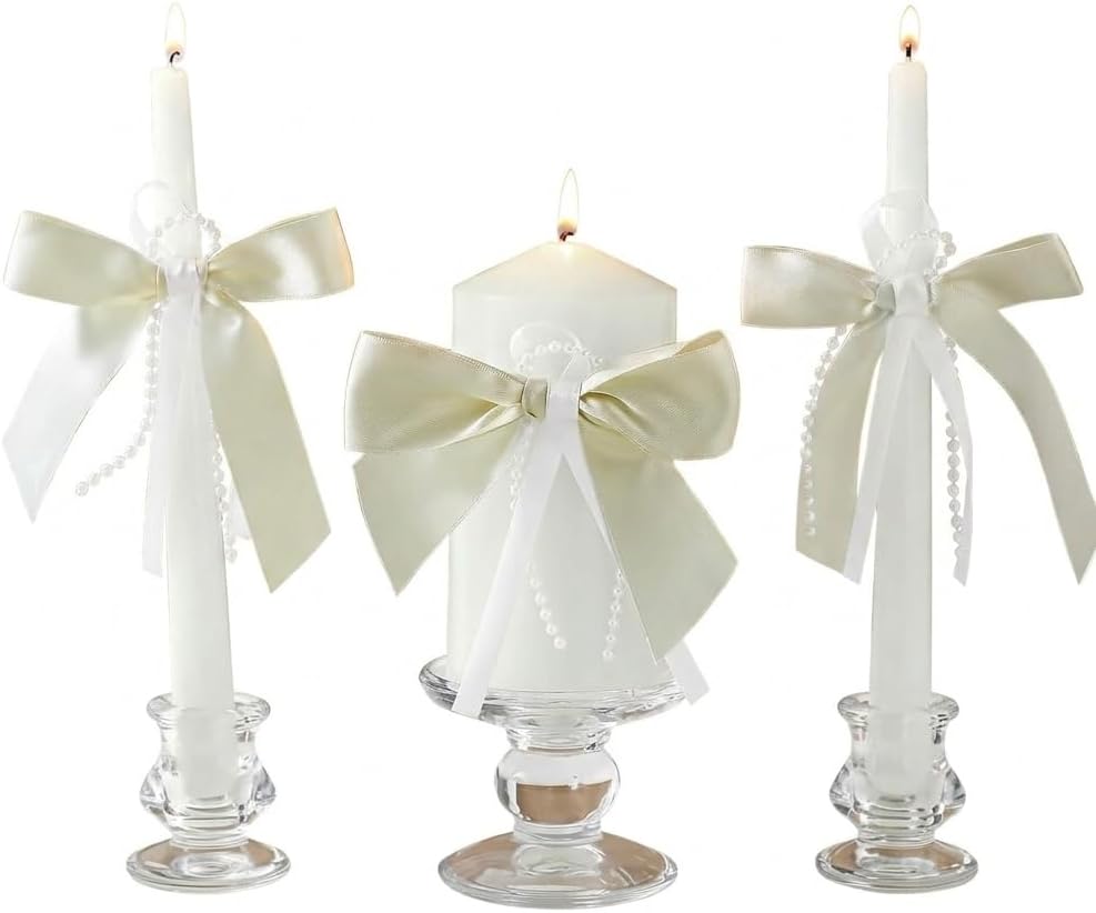 Unity Candles for Wedding 3 Pcs with Satin Glass Candle Holder